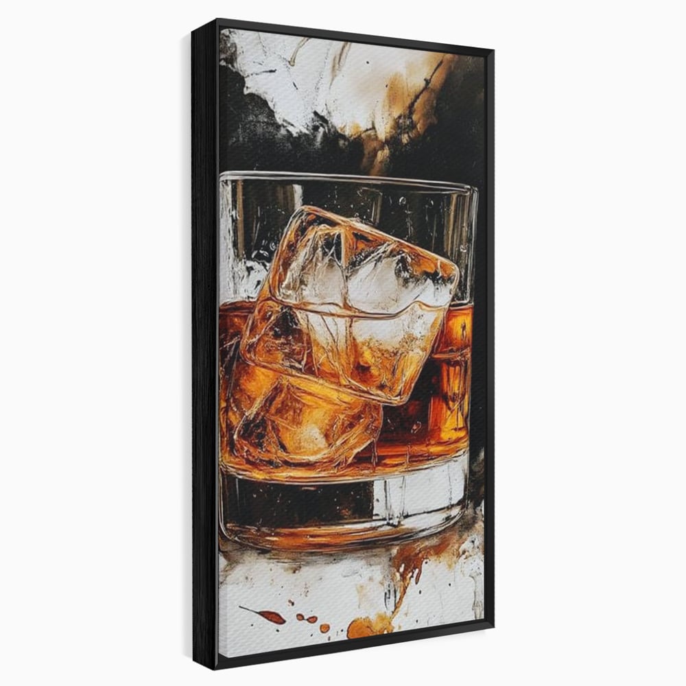 Tablou canvas cu tablou canvas cu pahar de whisky si gheata, in rama de aluminiu negru